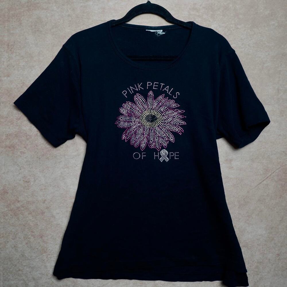 Pink Petals of Hope Rhinestone Tee Black XXL Y2K